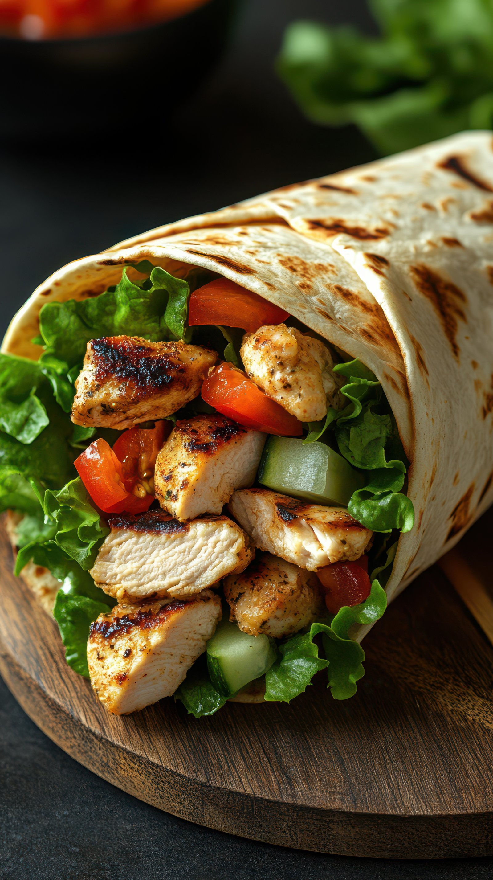 Delicious grilled chicken wrap with fresh vegetables served on a wooden cutting board